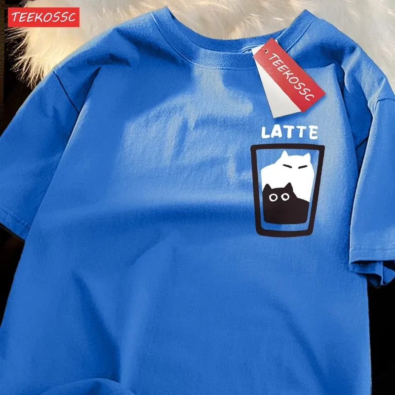 Color: Red, Size: L - Mocha Latte Couple Outfit Cat Coffee Couple Male T-Shirts Graphic Cool Tee Shirt High-Quality Oversized Tshirt Comfort Soft