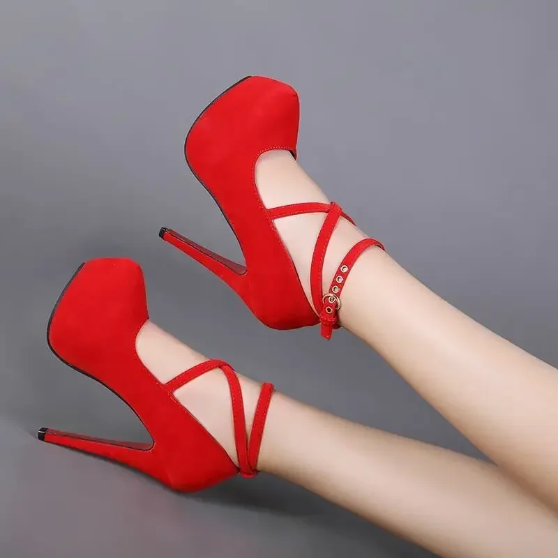 Color: Red, Shoe Size: 41 - Sexy Classic High Heels Women's Sandals Summer Shoes Ladies Strappy Pumps Platform Heels Woman Ankle Strap Shoes Sizes 34-42
