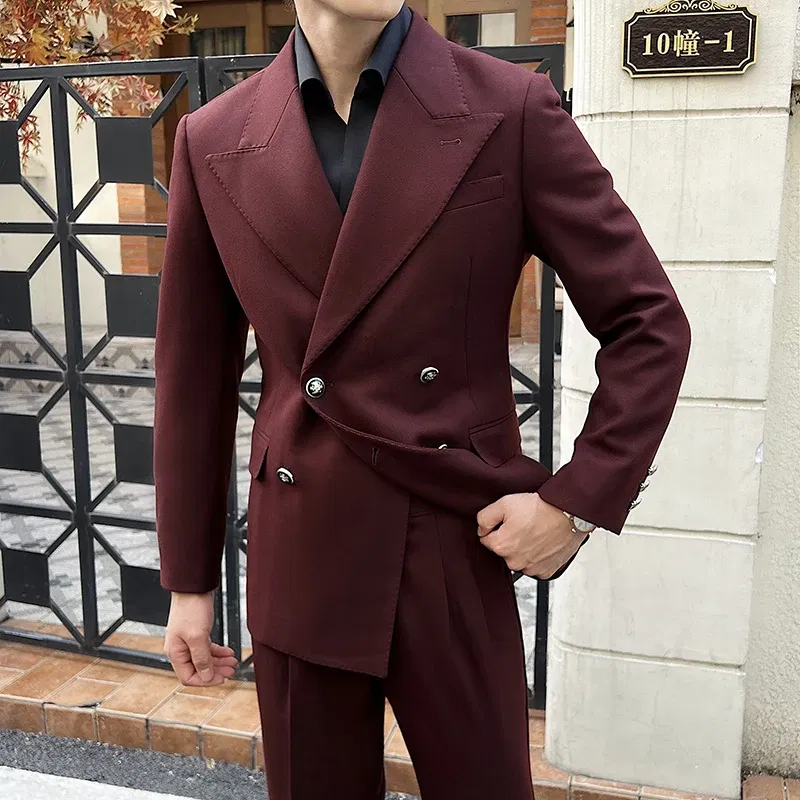 Color: Red, Size: XL - 2Pieces Jackets+Pants Design High Quality Men's Set Elegant Fashion Double Breasted Thick Wedding Dress Blazers And Trousers Set
