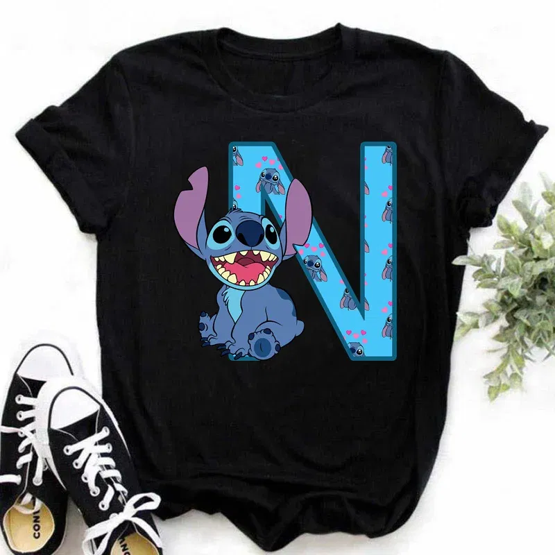 Color: Lavender, Size: L - Disney Lilo&Stitch A-Z Alphabet Summer Women's Printed T-Shirt Women's Casual Tops T-Shirt Fashion Cartoon Plus Size T-Shirt