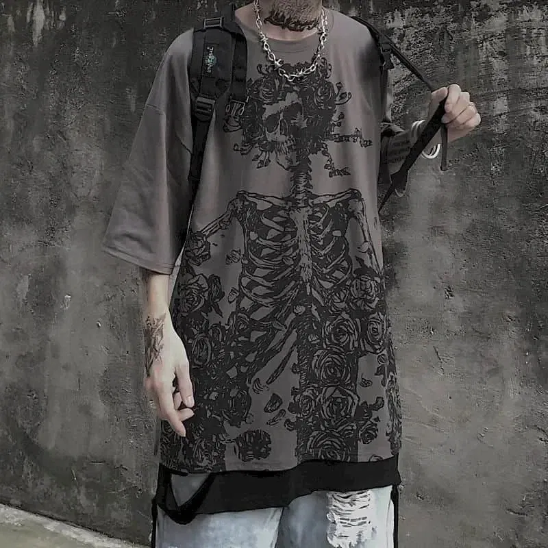Color: Brown, Size: XXXL - Men T-shirts 2023 Summer Streetwear High Street Gothic Skull Tshirt Loose Oversized Short-sleeved T shirt Dark Anime Men Y2k Top