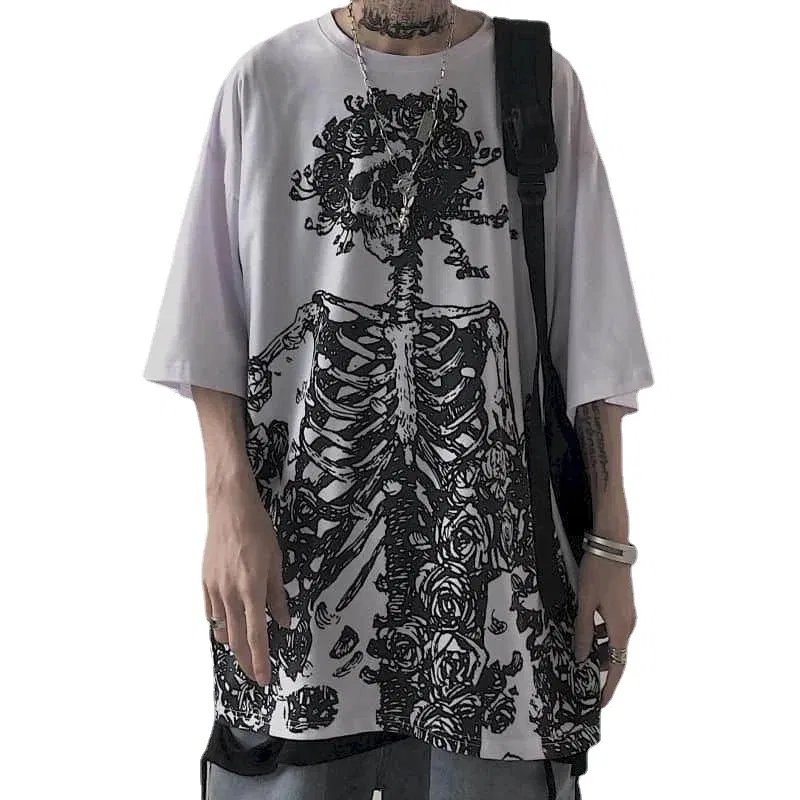 Color: Brown, Size: XXXL - Men T-shirts 2023 Summer Streetwear High Street Gothic Skull Tshirt Loose Oversized Short-sleeved T shirt Dark Anime Men Y2k Top