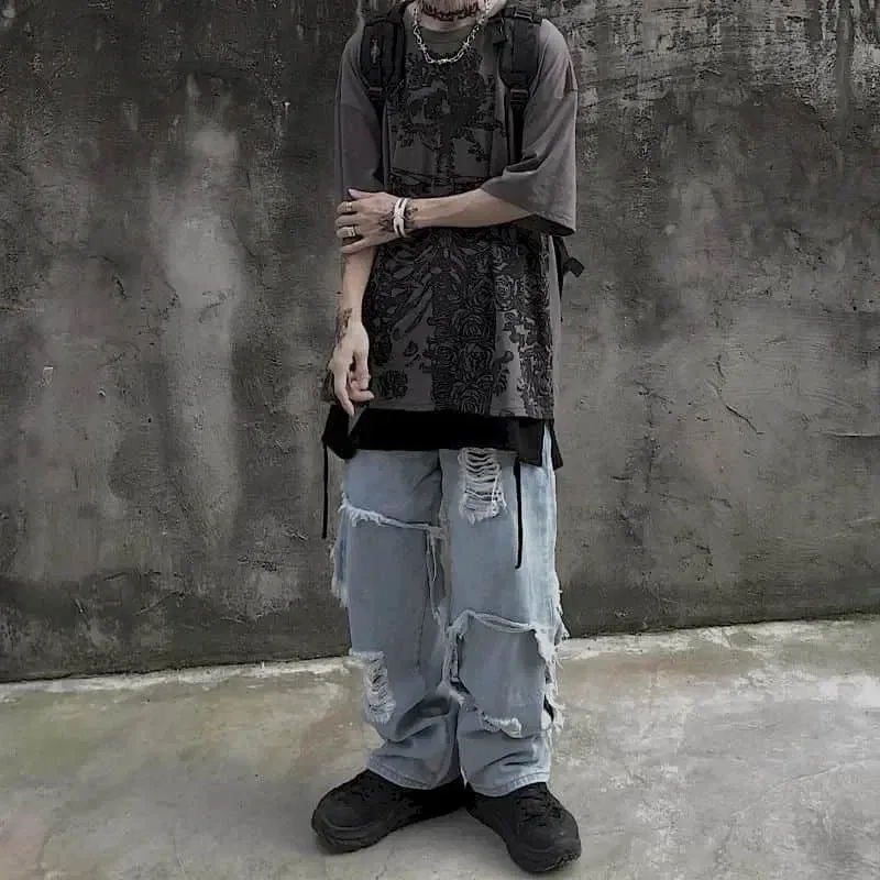 Color: Brown, Size: XXXL - Men T-shirts 2023 Summer Streetwear High Street Gothic Skull Tshirt Loose Oversized Short-sleeved T shirt Dark Anime Men Y2k Top