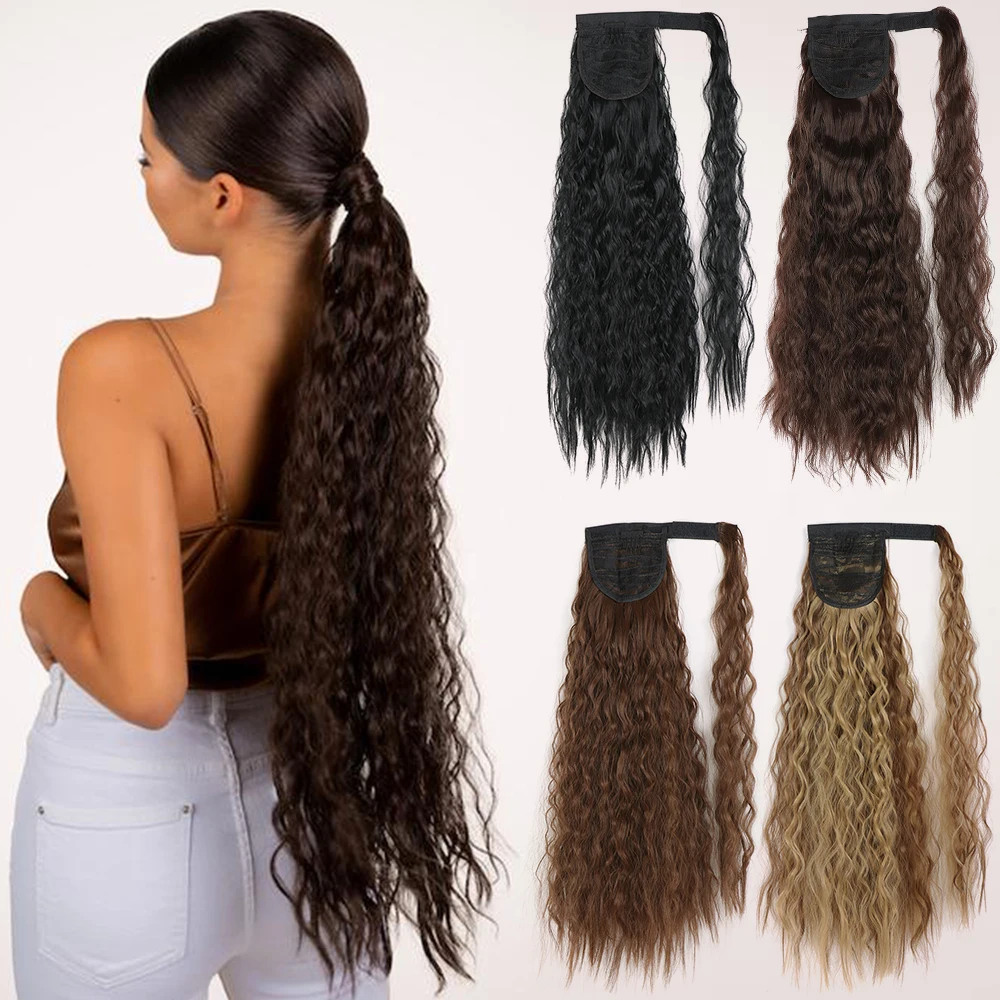 Color: 1B/30HL, Stretched Length: 22inches - Synthetic Long Corn Wavy Ponytail Hairpiece Wrap on Hair Clip Ombre Brown Blonde Hair Extensions Pony Tail