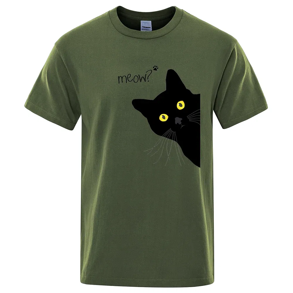 Color: Gold, Size: S - Meow Black Cat Funny Printing Men T-Shirts Breathable Tee Clothes Summer Streetwear Tops Oversized Loose Cotton Short Sleeve