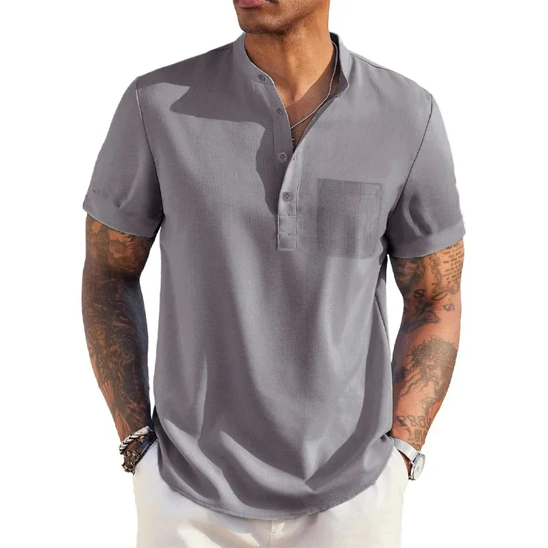 Color: black, Size: S - Summer Men's Cotton Linen T-Shirt Henley Neck Pocket Casual Lightweight Breathable Beach Shirt Solid Color Basic Style Tops
