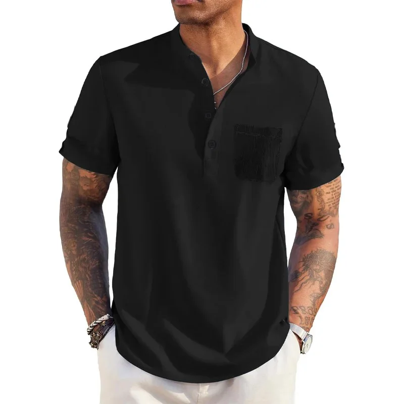 Color: black, Size: S - Summer Men's Cotton Linen T-Shirt Henley Neck Pocket Casual Lightweight Breathable Beach Shirt Solid Color Basic Style Tops