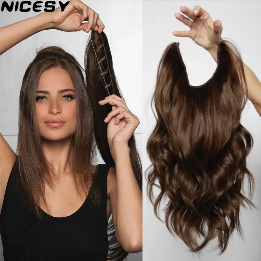 Color: T1B/27, Stretched Length: 32inches, Ships From: CHINA - Synthetic Natural Wavy No Clip Fish Line Invisible Hair Extensions Mixed Color Blonde Black Artificial False Hair Piece ForWomen