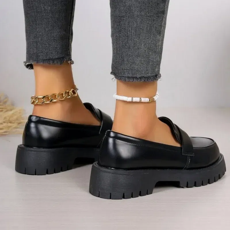 Color: black, Shoe Size: 40 - British Style Platform Loafers Women 2025 Plus Size Round Toe Single Shoes Woman Thick Bottom Pu Leather Shoes Mujer