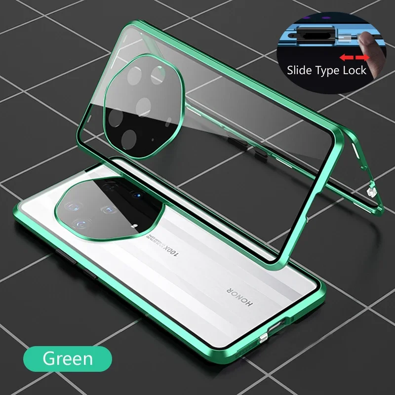 Color: green, Material: Plastic - Double Sided Glass Magnetic Metal Snap Lock Phone Case For Honor Magic 4 5 Ultimate 6 Lite 7 Pro Lens Protection Cover Cases