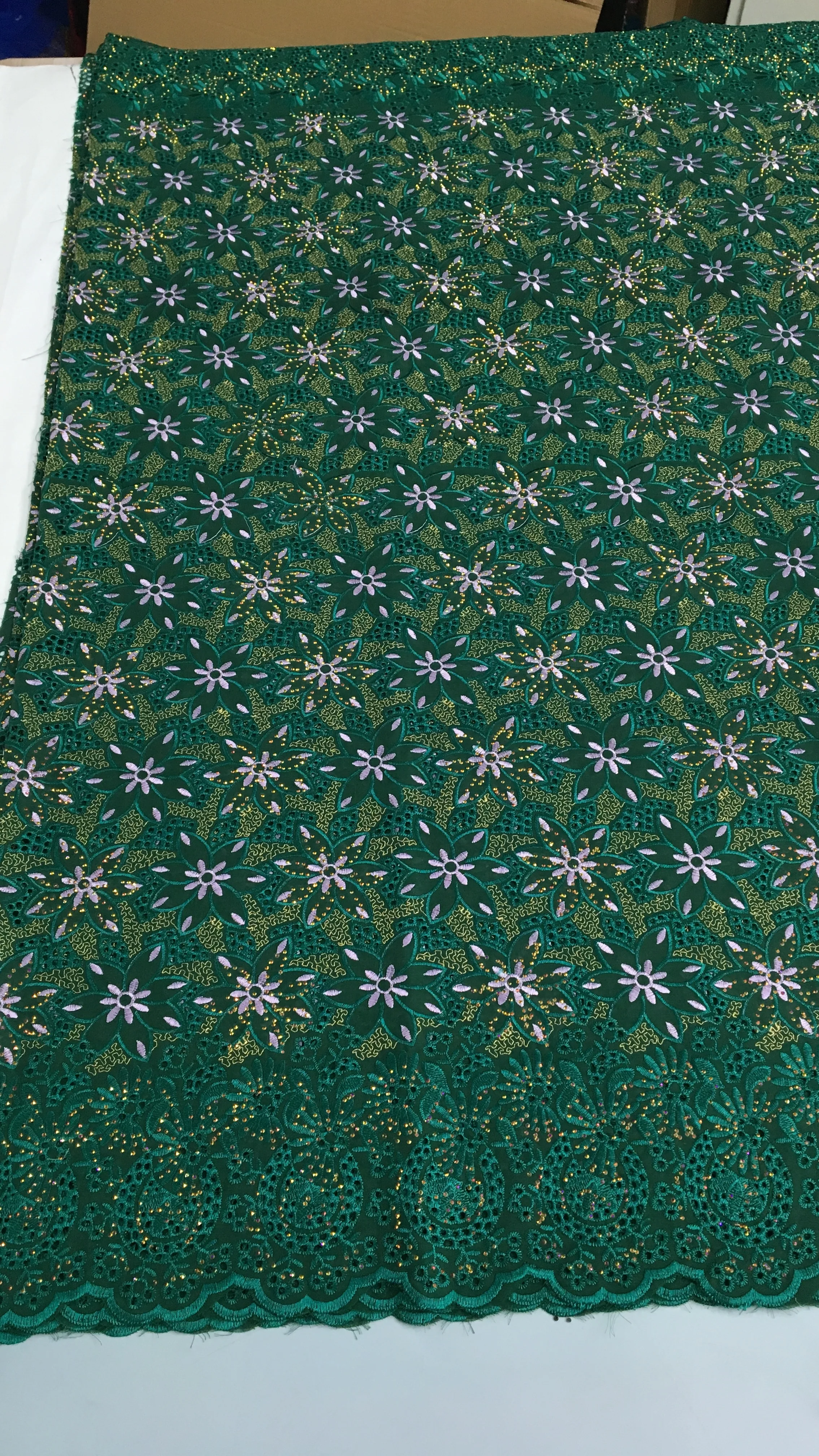 Color: green, length: 5 yards, Width: 120cm - Black Swiss Lace Fabric High Quality 2025 Embroidered Rhinestones Nigerian Cotton Lace Fabric African Dress for Women Sew A4212