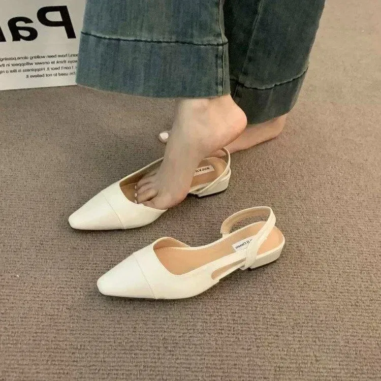 Color: WHITE, Shoe Size: 39 - 24Low Heel Baotou Sandals Women's French Nude Color Pointed Small Fragrant Style Ladies Thick Heels Back Air Style Single Shoes