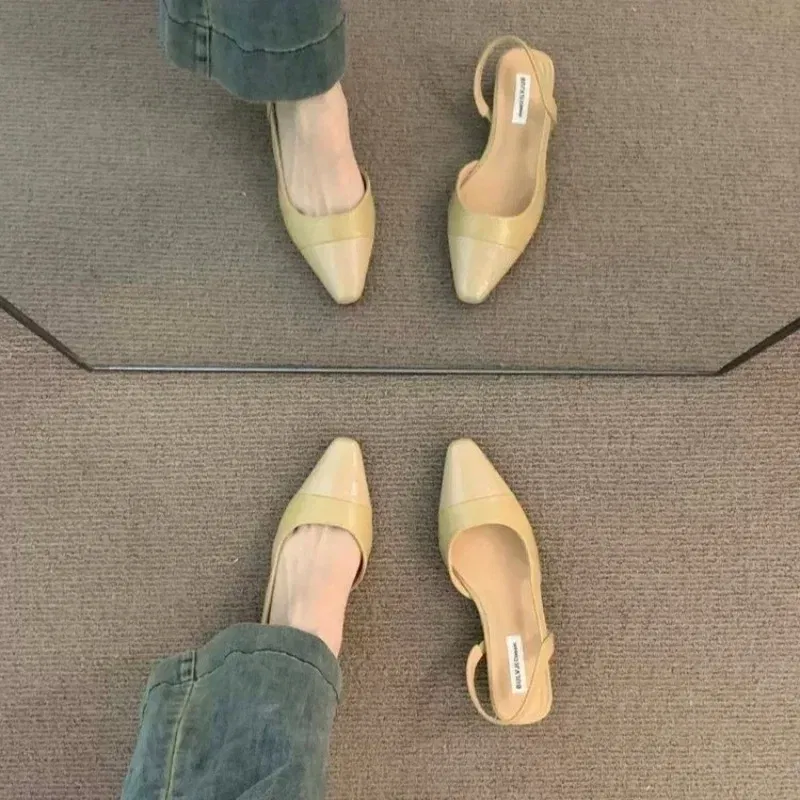 Color: WHITE, Shoe Size: 39 - 24Low Heel Baotou Sandals Women's French Nude Color Pointed Small Fragrant Style Ladies Thick Heels Back Air Style Single Shoes