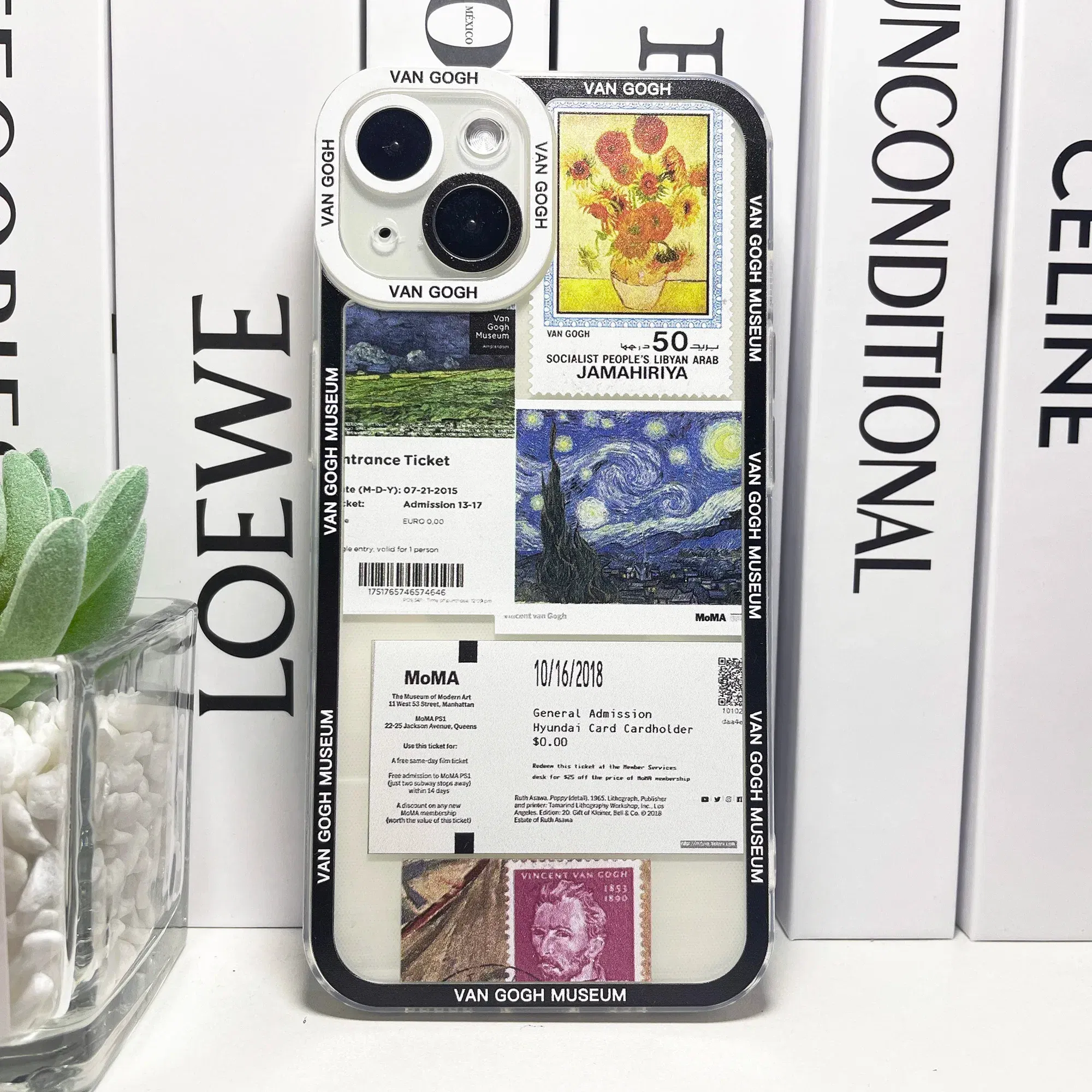 Color: Blue, Material: PU - Van Gogh David Museum Tickets Stickers Collage Art Phone Case For iPhone 14 13 12 11 Pro Max Mini XS X XR SE 7 8 Plus Soft Cover