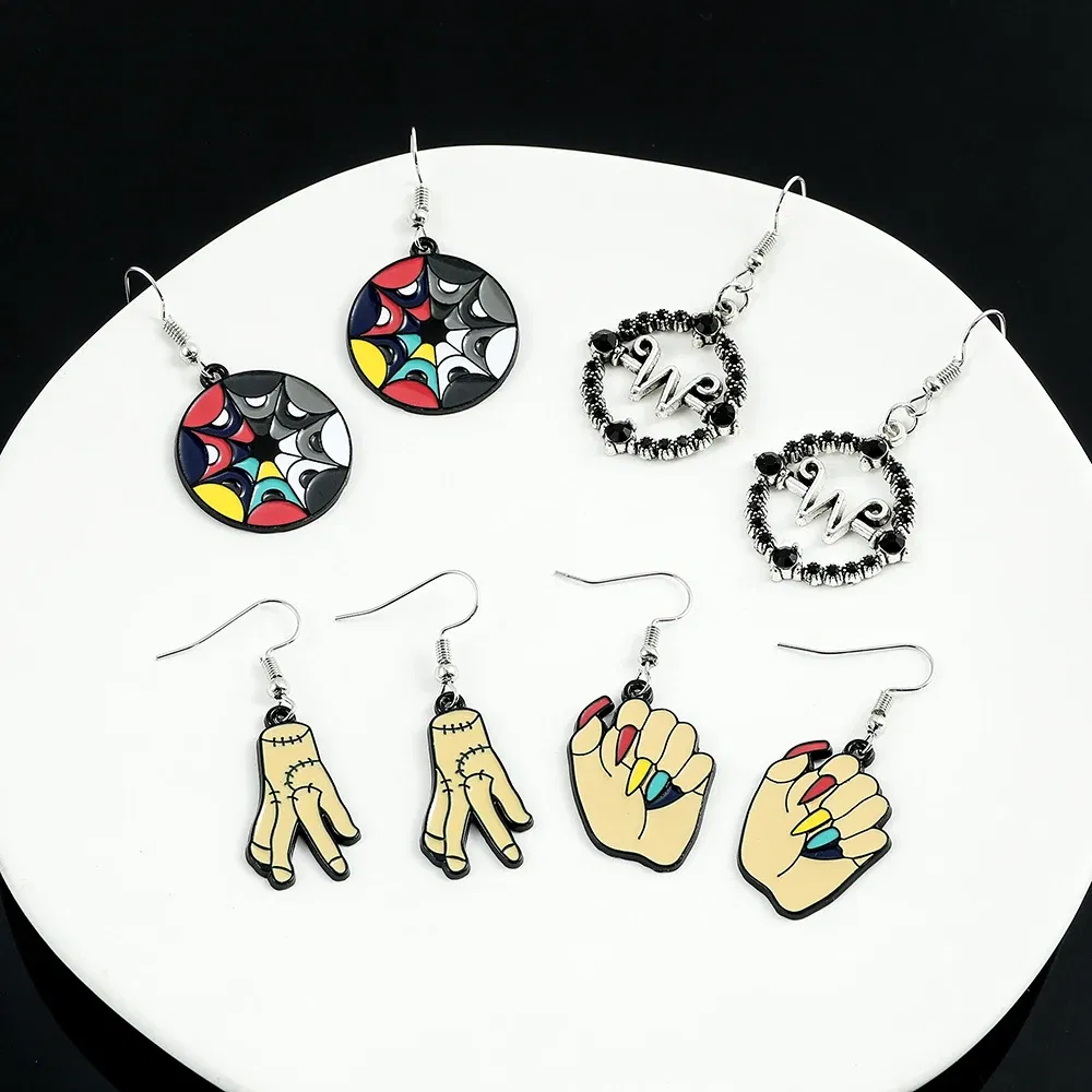 Metal Color: BROWN, Ships From: CHINA - Trend TV Wednesday Addams Earrings Cosplay Props Thing Hand Letter W Pendant Ear Drop Earrings for Women Jewelry Accessories