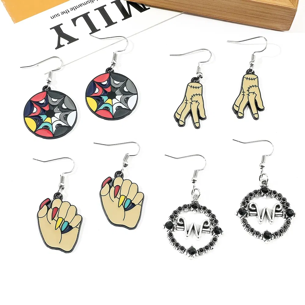 Metal Color: BROWN, Ships From: CHINA - Trend TV Wednesday Addams Earrings Cosplay Props Thing Hand Letter W Pendant Ear Drop Earrings for Women Jewelry Accessories