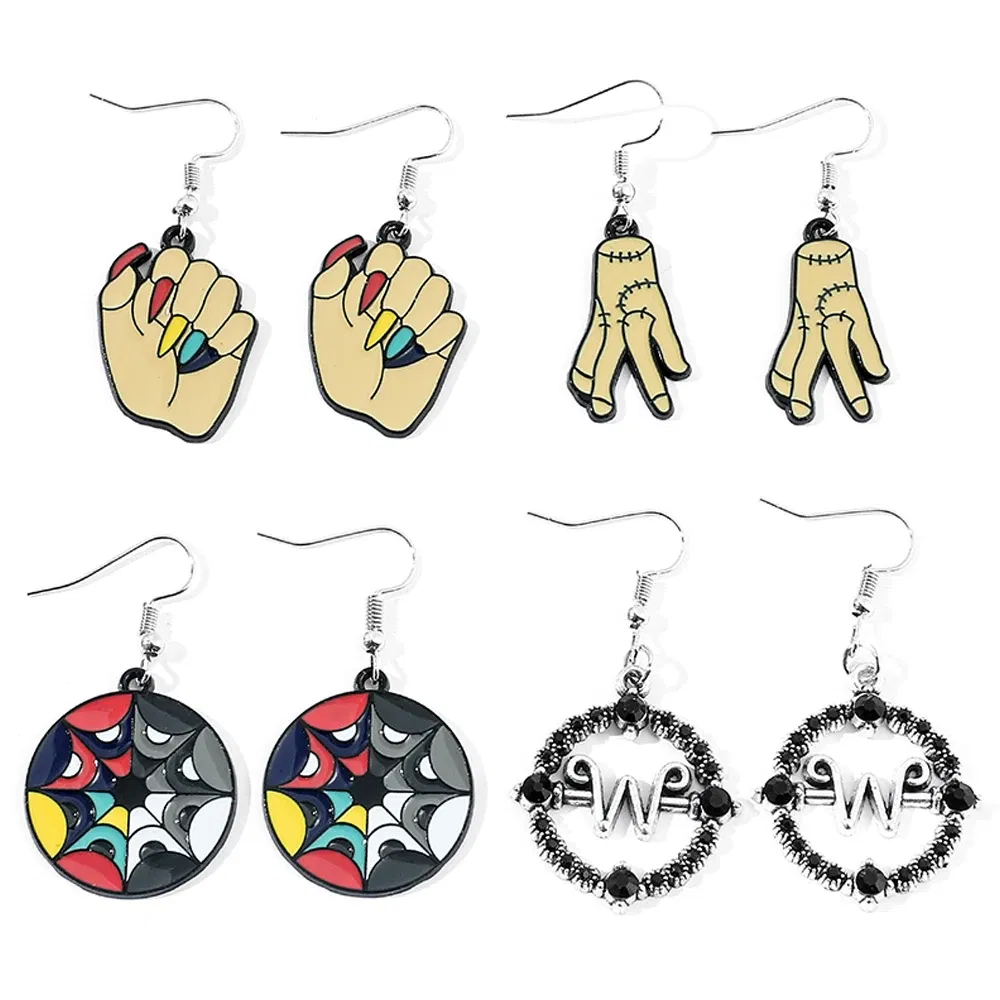 Metal Color: BROWN, Ships From: CHINA - Trend TV Wednesday Addams Earrings Cosplay Props Thing Hand Letter W Pendant Ear Drop Earrings for Women Jewelry Accessories