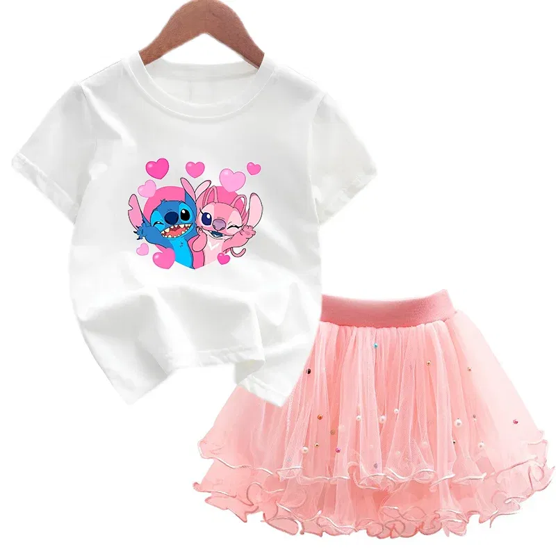 Color: GRAY, Kid Size: 3T - 2pcs Lilo Stitch Summer Girls Outfits Cartoon T-shirt and Tutu Skirt Princess Clothes Suit Children Birthday Clothing Sets