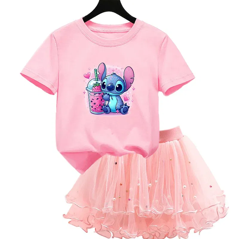 Color: GRAY, Kid Size: 3T - 2pcs Lilo Stitch Summer Girls Outfits Cartoon T-shirt and Tutu Skirt Princess Clothes Suit Children Birthday Clothing Sets