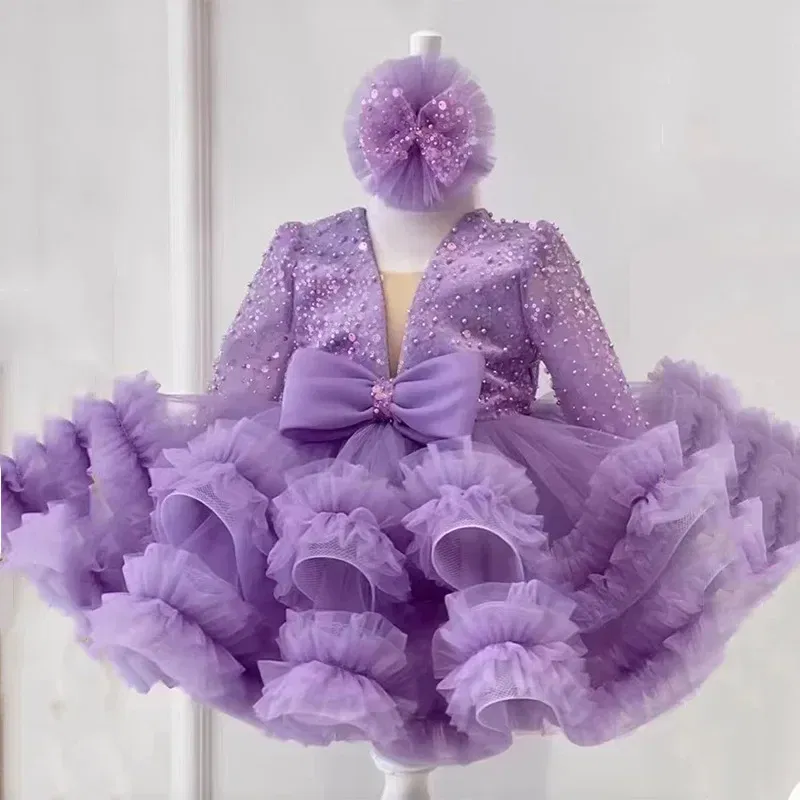 Kid Size: 5T, Color: Brown - 2-12 years old  sequin long-sleeved dress girl puffy dress girl lace birthday wedding flower girl bow performance dress