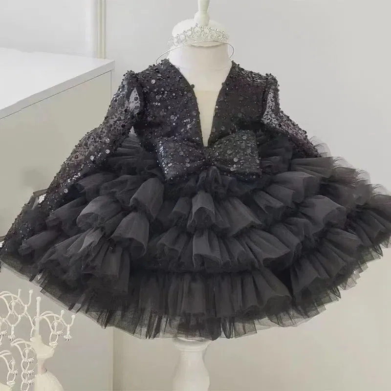 Kid Size: 5T, Color: Brown - 2-12 years old  sequin long-sleeved dress girl puffy dress girl lace birthday wedding flower girl bow performance dress