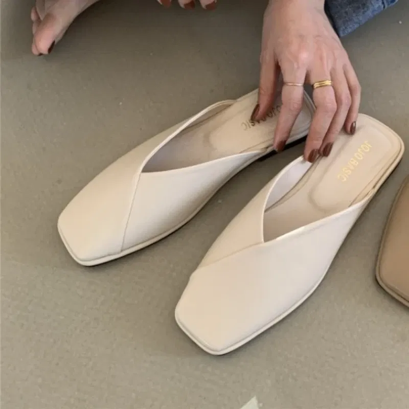 Color: Beige, Shoe Size: 35 - Fashion Slip on Mules Big Size 43 Flat Slippers 2024 Summer Women Flat Casual Outdoor Square Toe Shoes Ladies Slippers
