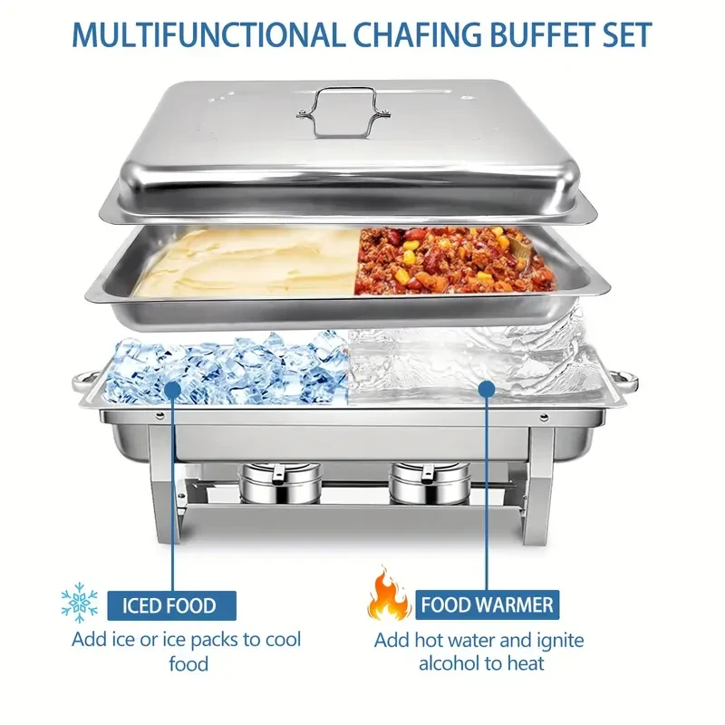 Stainless Steel Buffet Warmer Set: 4 Packs, 8QT, Full-Size, Durable, with Tight-Fitting Lids, Deep Food Pans, Water Pan, and Fuel Holders - Ideal for Restaurants, Catering, Parties, and Weddings