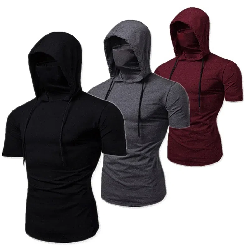 Color: GRAY, Size: M - Mens Gym Thin Hoodie Short Sleeve Hoodies With Mask Sweatshirt Casual Splice Large Mask Hoodie Sweatshirt Hooded Tops Cycling