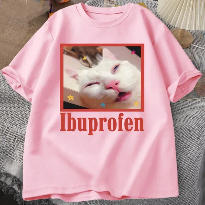 Color: Pink, Size: M - Ibuprofen Cat Meme Tshirt Funny Cat Graphic Tee Cute Cat Lover Cotton T-Shirt Casual Funny T Shirts Unisex Oversized Tshirt Tee