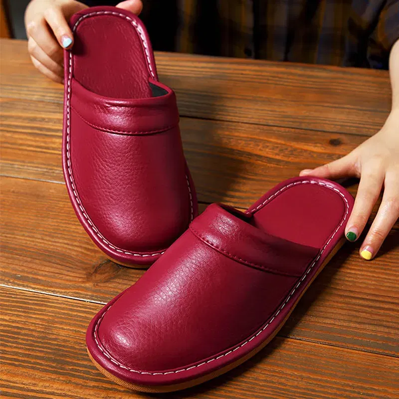 Color: Brown, Shoe Size: 5 - Mens Bedroom Leather Slippers Unisex Black Home Shoes Big Size 47 48 Man's Slippers Indoor Comfy Males Slides Family Flats Shoes