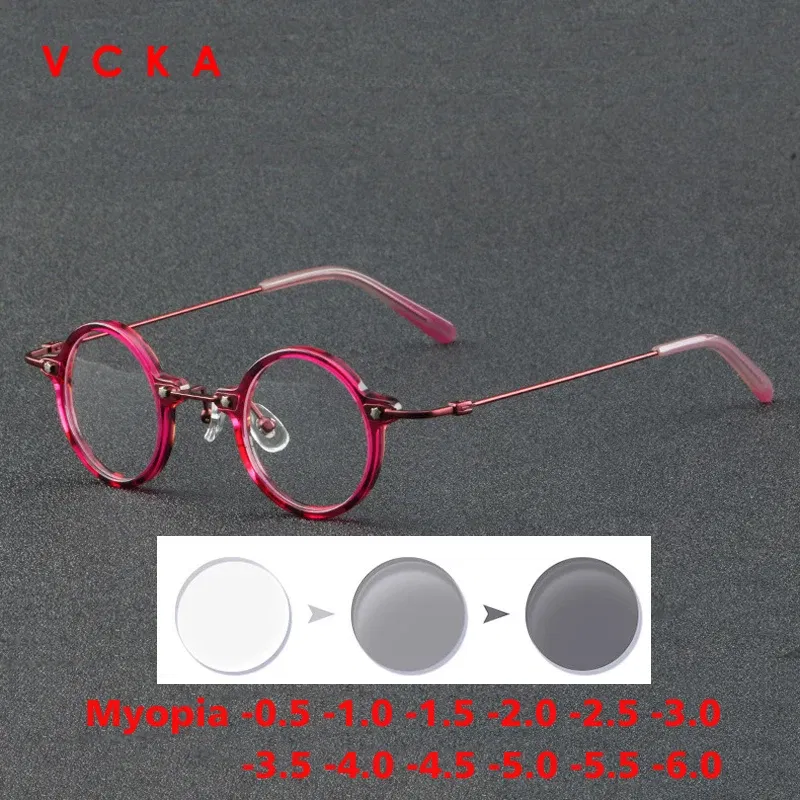 Frame Color: Khaki, Eye Prescription: +200 - VCKA Anti-blue Discolor Acetate+Titanium Myopia Glasses Frames Small Round Men Prescription Optical Women Eyewear -0.50 to -10.0