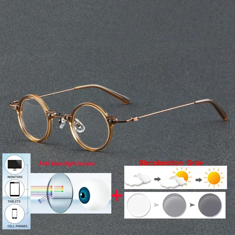 Frame Color: Khaki, Eye Prescription: +200 - VCKA Anti-blue Discolor Acetate+Titanium Myopia Glasses Frames Small Round Men Prescription Optical Women Eyewear -0.50 to -10.0