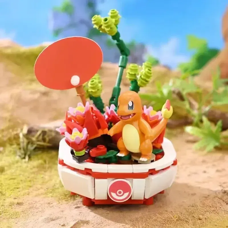 Color: Red - New Pokemon Building Block Pikachu Charmander Squirtle Model Toy Home Decoration Plant Potted Flower Brick Girl Toy Kids Gift