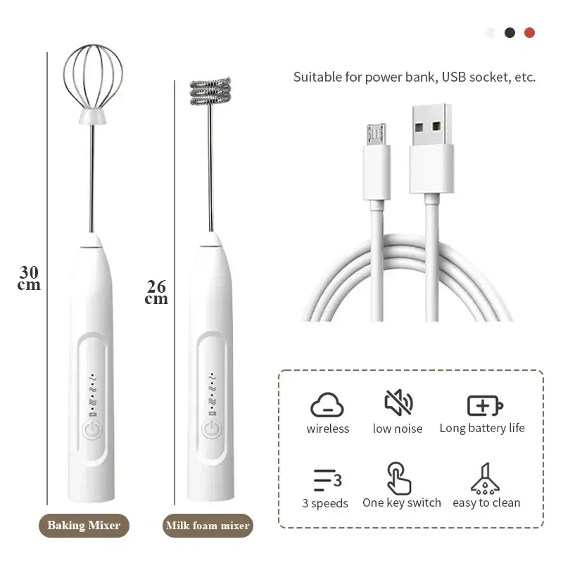Color: Light Grey - 2 in 1 USB Rechargeable Electric Egg Beater Whisk Coffee Mixer Double Heads Milk Frothers Baking Stirrer Kitchen Gadgets