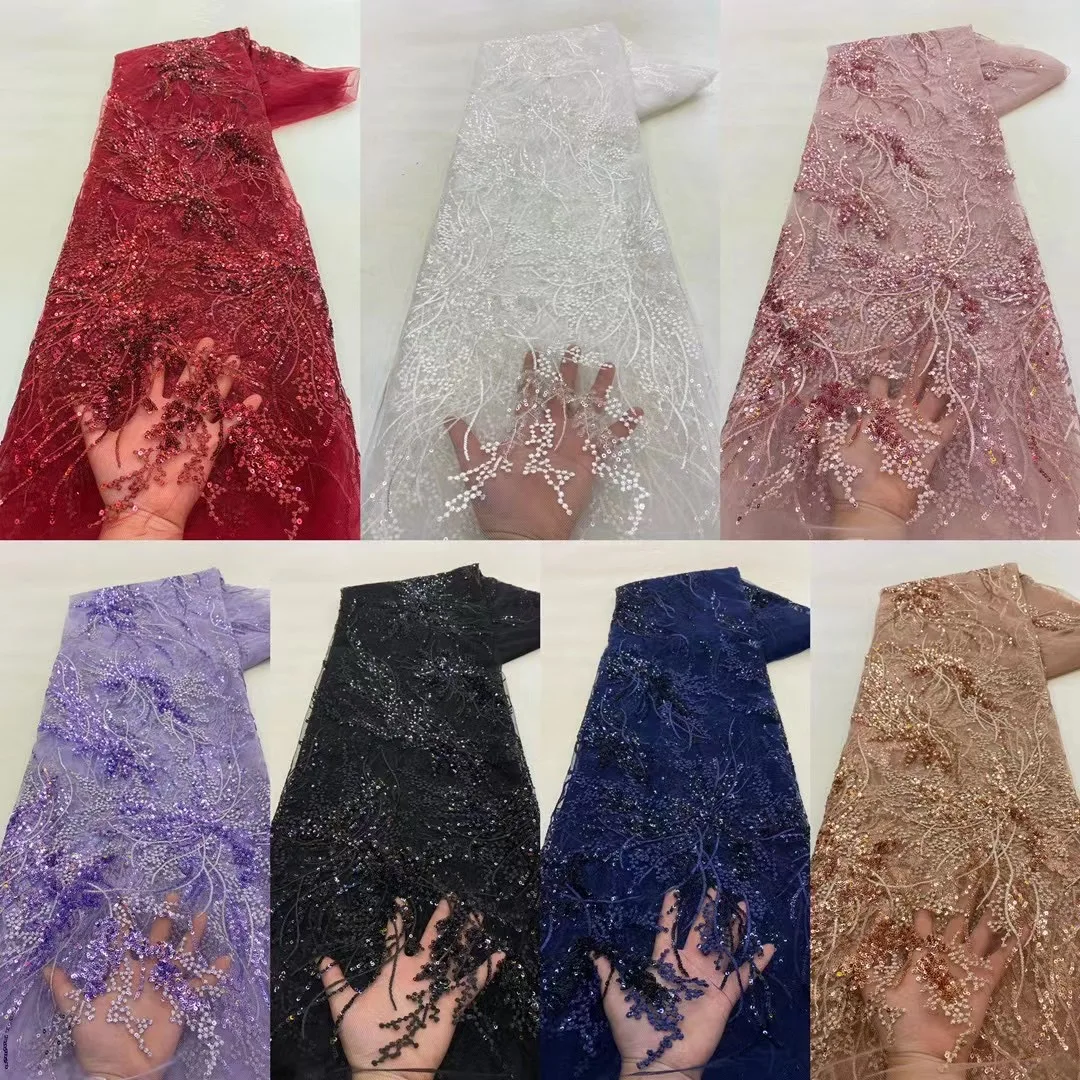 Color: pink, Length: 5 yards, Width: 120cm - African French Sequined Lace Fabrics 2023 High Quality Tulle Lace 5 Yards Nigerian Embroidered Dress Material For Party Wedding