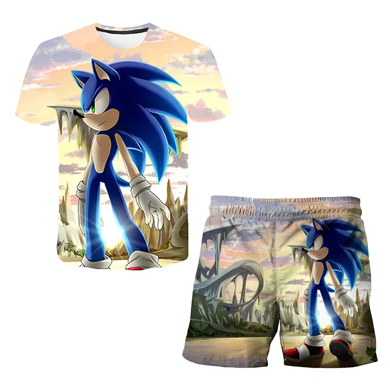 Color: Yellow, Size: 40cm - New Japanese cartoon Sonic T-shirt children's top T-shirt shorts two-piece set summer boy cartoon cute T-shirt+beach pants