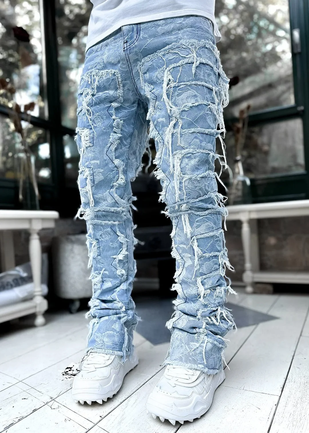 Color: Brown, Size: XXL - Men's Regular Fit Stacked Jeans Ripped Slim Fit Patch Distressed Destroyed Straight Denim Pants Hip Hop Streetwear Trouser Cloth
