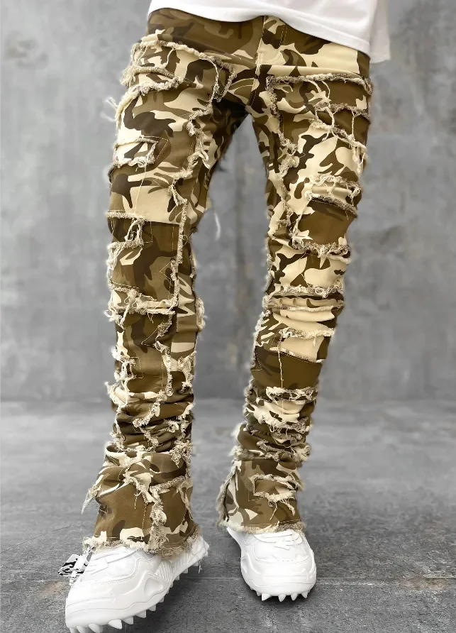 Color: Brown, Size: XXL - Men's Regular Fit Stacked Jeans Ripped Slim Fit Patch Distressed Destroyed Straight Denim Pants Hip Hop Streetwear Trouser Cloth