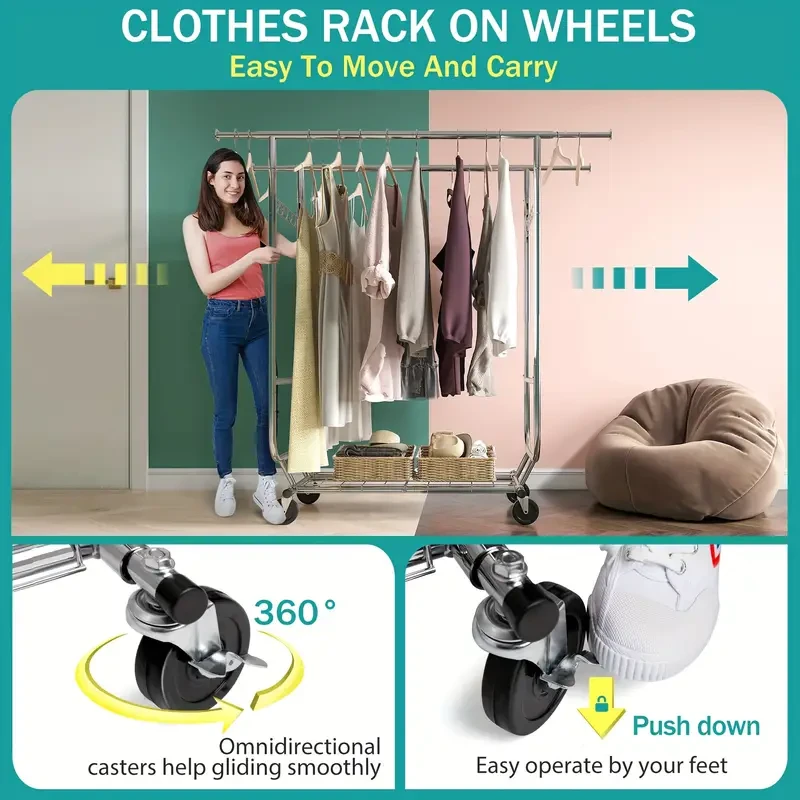 The Heavy-Duty Rolling Clothes Rack with Wheels provides a versatile, sturdy solution for organizing and displaying clothes. With a height-adjustable design, smooth-rolling wheels, and utility hooks, its perfect for everything from personal storage to re
