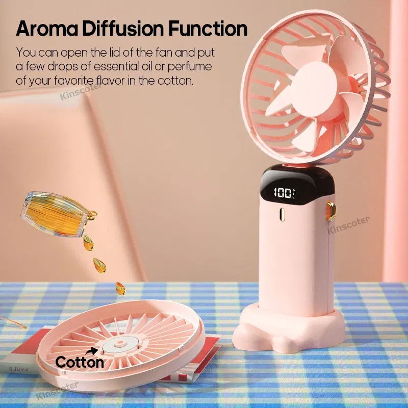 Color: Yellow - USB Handheld Mini Fan Foldable Portable Neck Hanging Fans 5 Speed USB Rechargeable Fan with Phone Stand and Display Screen