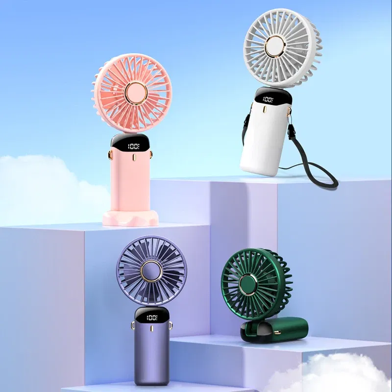 Color: Yellow - USB Handheld Mini Fan Foldable Portable Neck Hanging Fans 5 Speed USB Rechargeable Fan with Phone Stand and Display Screen