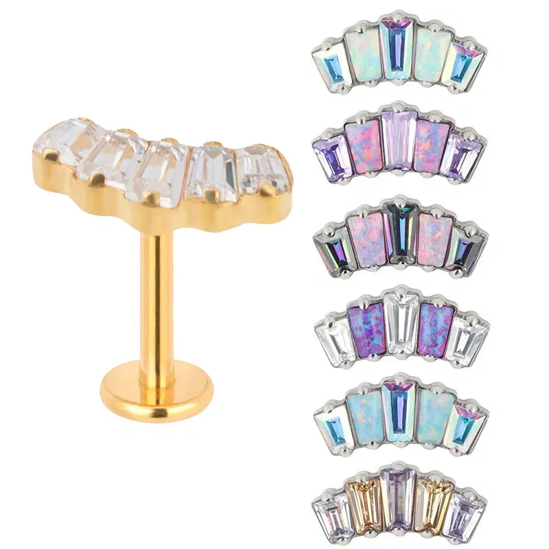 Metal color: Antique Bronze Plated, Main Stone Color: WHITE, Ships From: CHINA - G23 Titanium Ear Studs 5 Oblong CZ Blaze Curve Top Threaded Labret PIERC Lip Stud Ear Cartilage Tragus Helix Piercing Jewelry