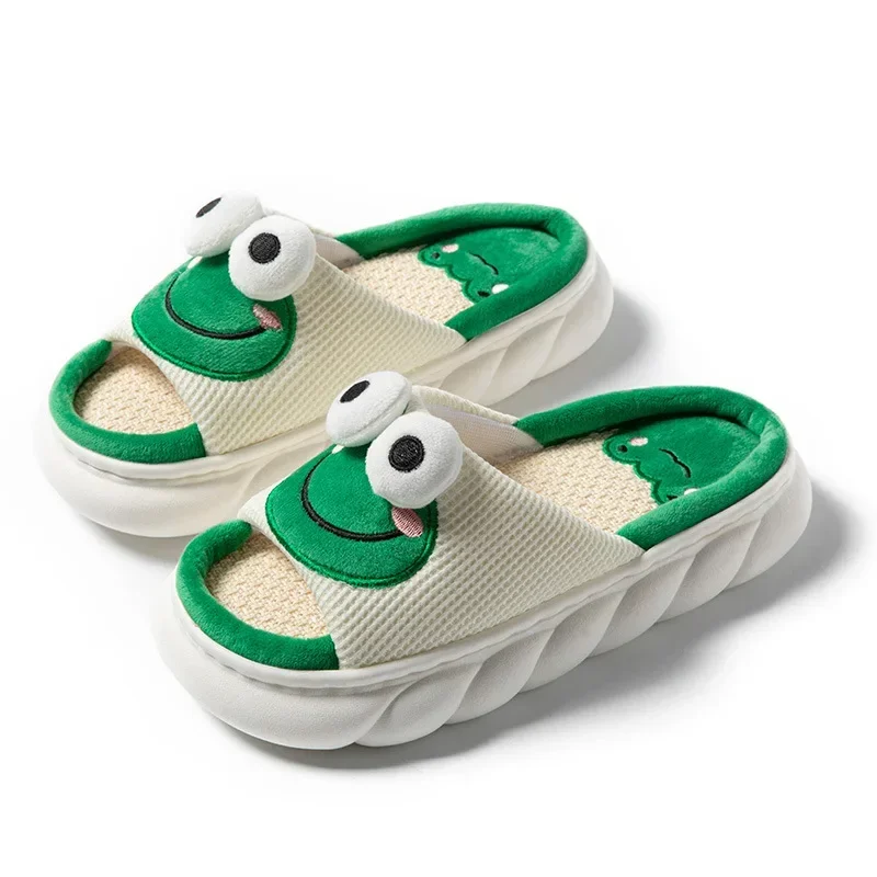 Color: light green, Shoe Size: 42-43 - 2024 Cute Cartoon Frog Linen Slippers Universal Indoor Home Four Seasons Non-slip Cotton Linen Sandals