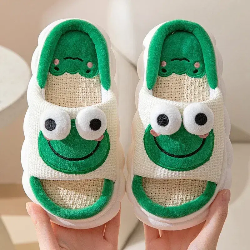 Color: light green, Shoe Size: 42-43 - 2024 Cute Cartoon Frog Linen Slippers Universal Indoor Home Four Seasons Non-slip Cotton Linen Sandals