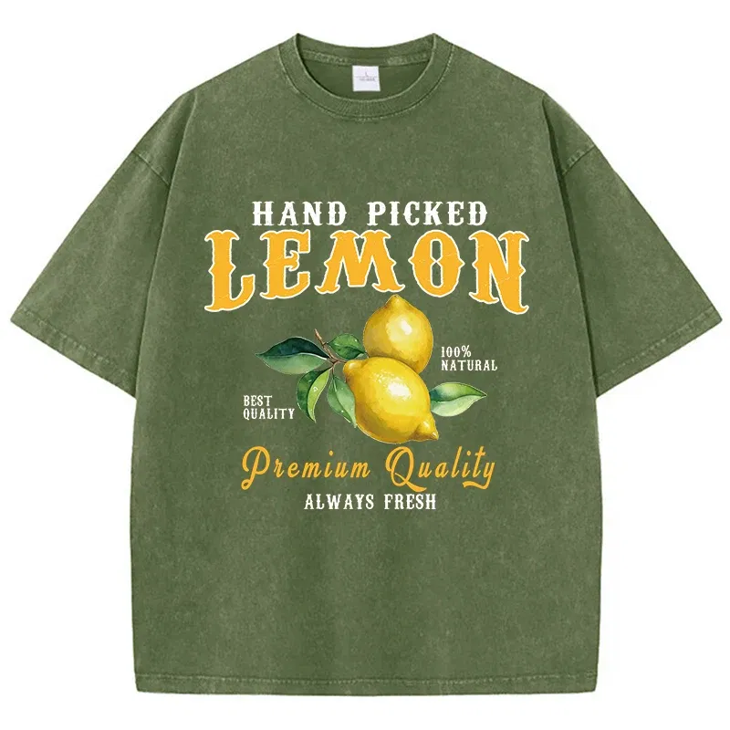 Color: army green, Size: M - Summer Lemon Washed T-Shirts Womens Cotton Oversized O-Neck T Shirts Fresh Fruit Prints Tops Casual Short Sleeve Woman Clothes