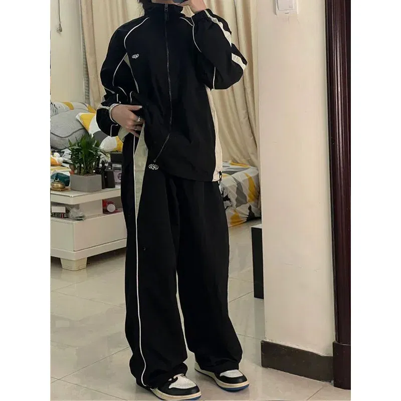 Color: Brown, Size: XXL - Women Spring Retro Solid Loose Drawstring Trousers Casual Joggers Baggy Wide Leg Sweatpants Mid Waist Sporty Y2k Female Clothes