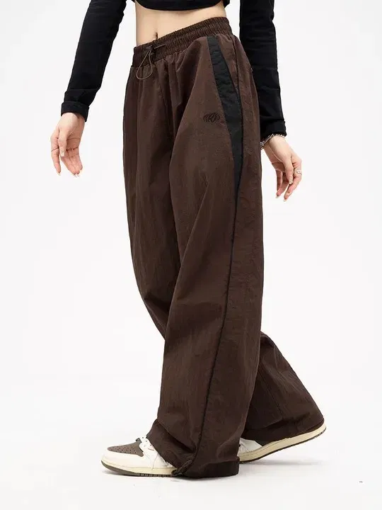 Color: Brown, Size: XXL - Women Spring Retro Solid Loose Drawstring Trousers Casual Joggers Baggy Wide Leg Sweatpants Mid Waist Sporty Y2k Female Clothes
