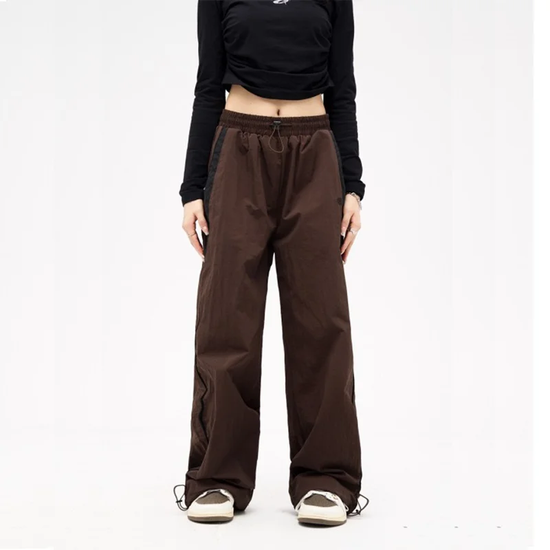 Color: Brown, Size: XXL - Women Spring Retro Solid Loose Drawstring Trousers Casual Joggers Baggy Wide Leg Sweatpants Mid Waist Sporty Y2k Female Clothes