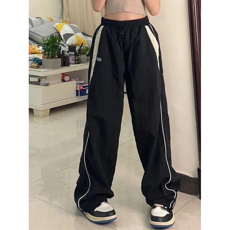 Color: Brown, Size: XXL - Women Spring Retro Solid Loose Drawstring Trousers Casual Joggers Baggy Wide Leg Sweatpants Mid Waist Sporty Y2k Female Clothes