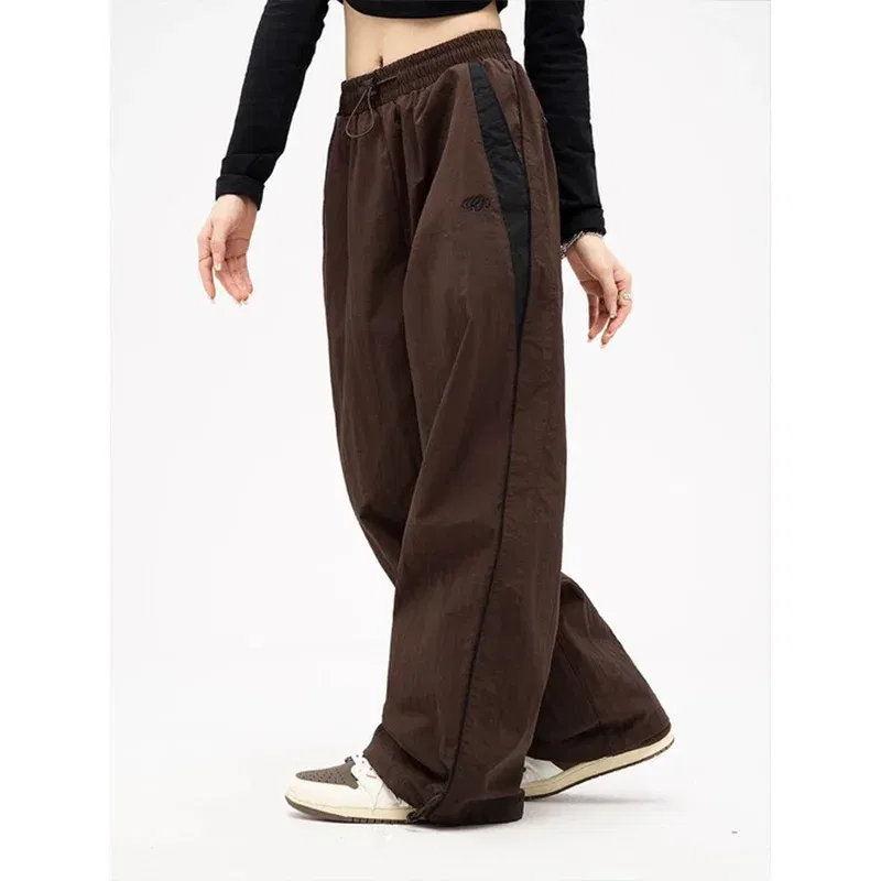 Color: Brown, Size: XXL - Women Spring Retro Solid Loose Drawstring Trousers Casual Joggers Baggy Wide Leg Sweatpants Mid Waist Sporty Y2k Female Clothes